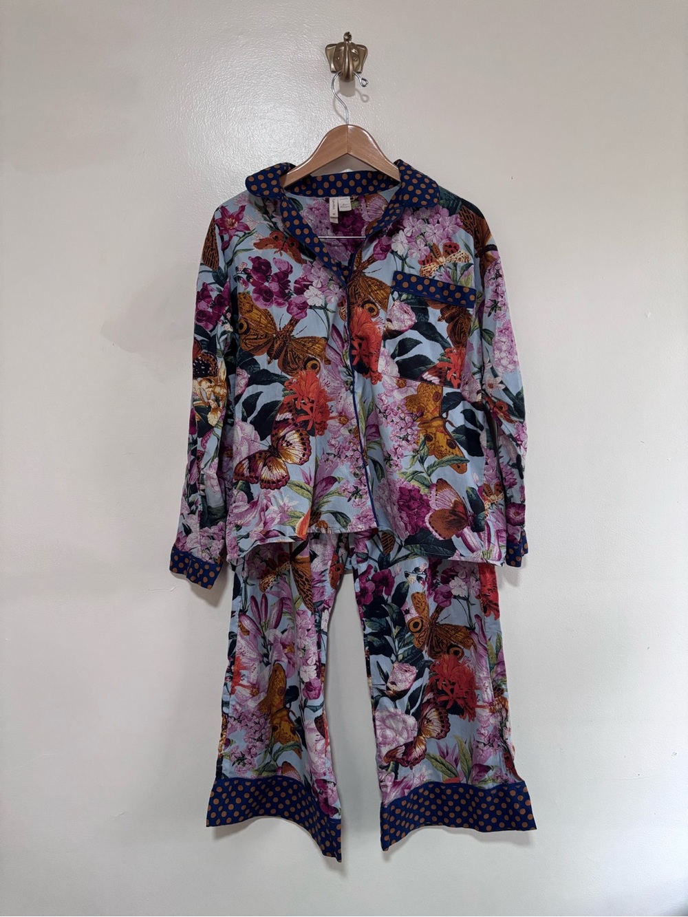 Anthropologie LyreBird Floral & Butterfly Print Pajama Set with Polka Dot Trim M